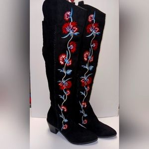 Carlos Santana Embroidered Floral Over the Knee Boots 8M Black